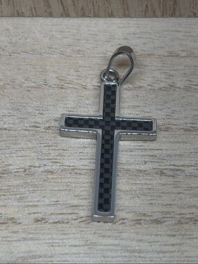 Stainless Steel Cross Pendant with Black Check Inlay
